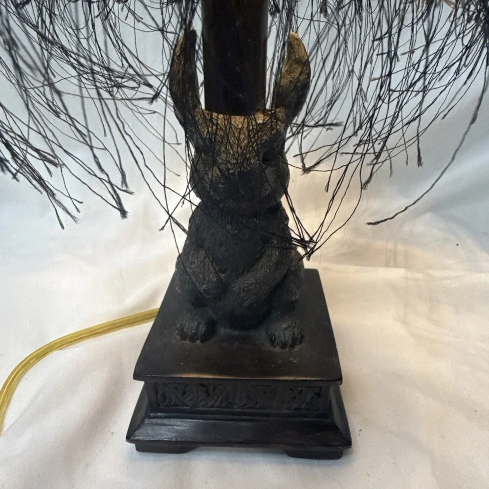 VTG Rabbit Table Lamp Bunny Base Fringe Shade Rustic Whimsy Cottage Goth Decor